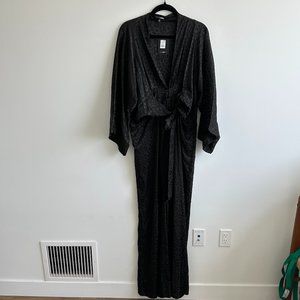 NWT Fashion Nova Black Satin-Like Deep V-Neck Wide-Leg Jumpsuit Leopard Print